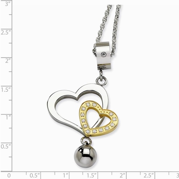 ⭐️ Chisel Stainless Steel, Gold Tone and CZ Double Heart Necklace - 22 Inch - Picture 2 of 9